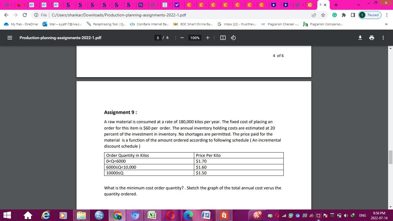 Assignment 9: A raw material is consumed at a