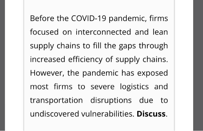 Transportation and Logistics Before the COVID-19