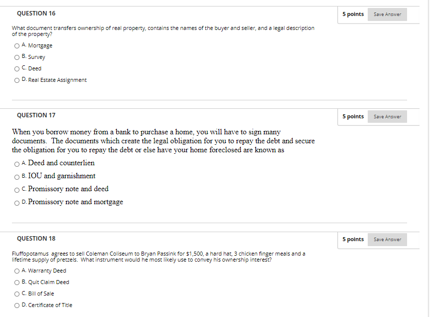 5 points Save Answer QUESTION 16 What document