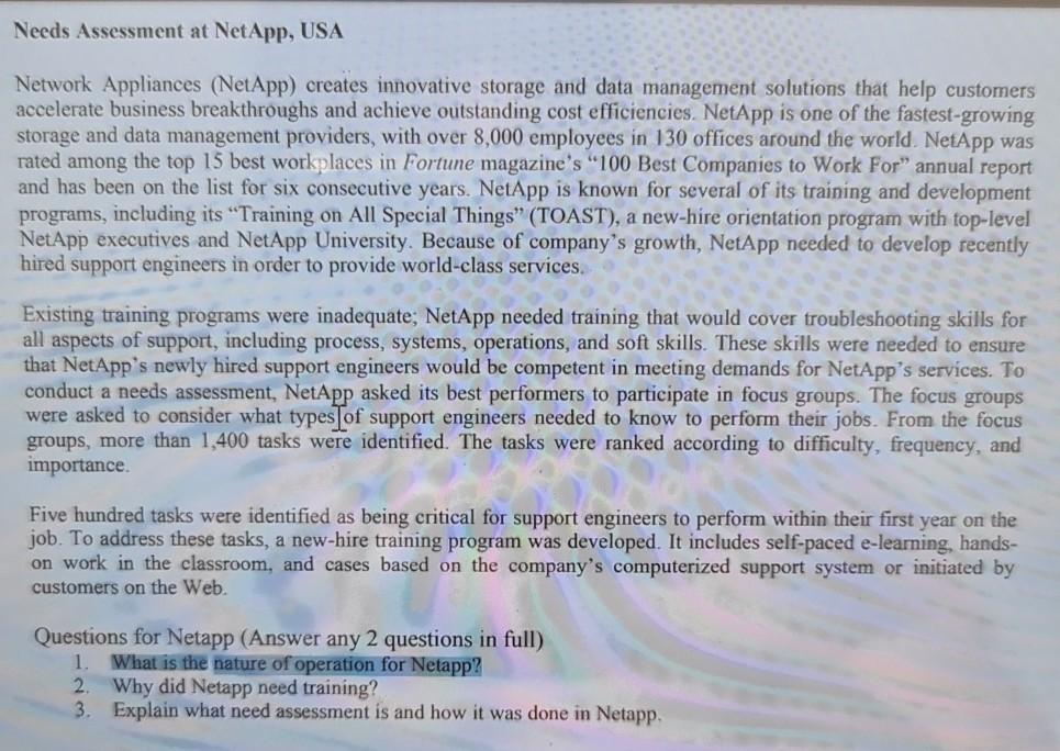 Needs Assessment at NetApp, USA Network