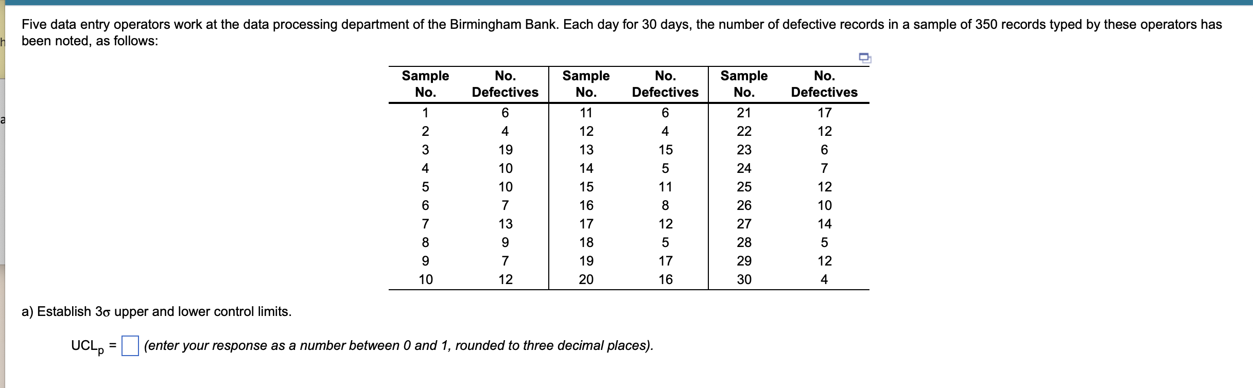 Give upper and lower control Five data entry