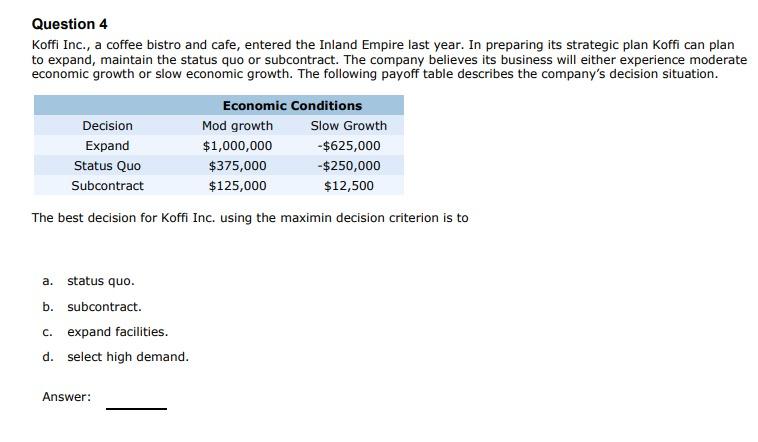 Question 4 Koffi Inc., a coffee bistro and cafe,