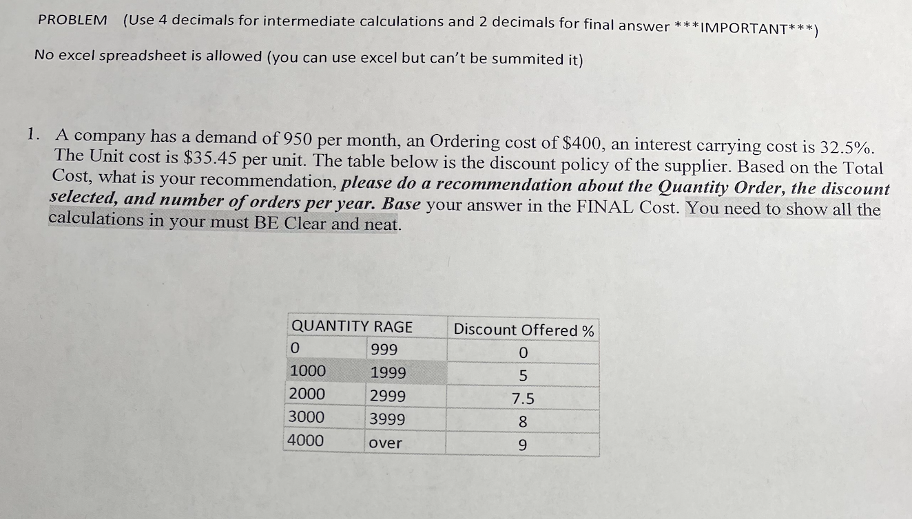 PROBLEM (Use 4 decimals for intermediate