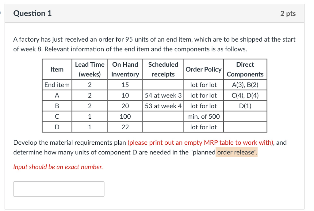 Question 1 2 pts A factory has just received an