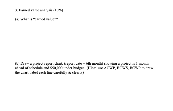 3. Earned value analysis (10%) (a) What is
