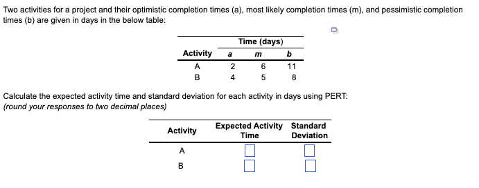Activity a m b Immediate Predecessor(s) A 2 6 11