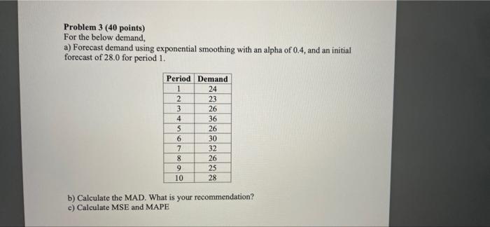Problem 3 (40 points) For the below demand, a)