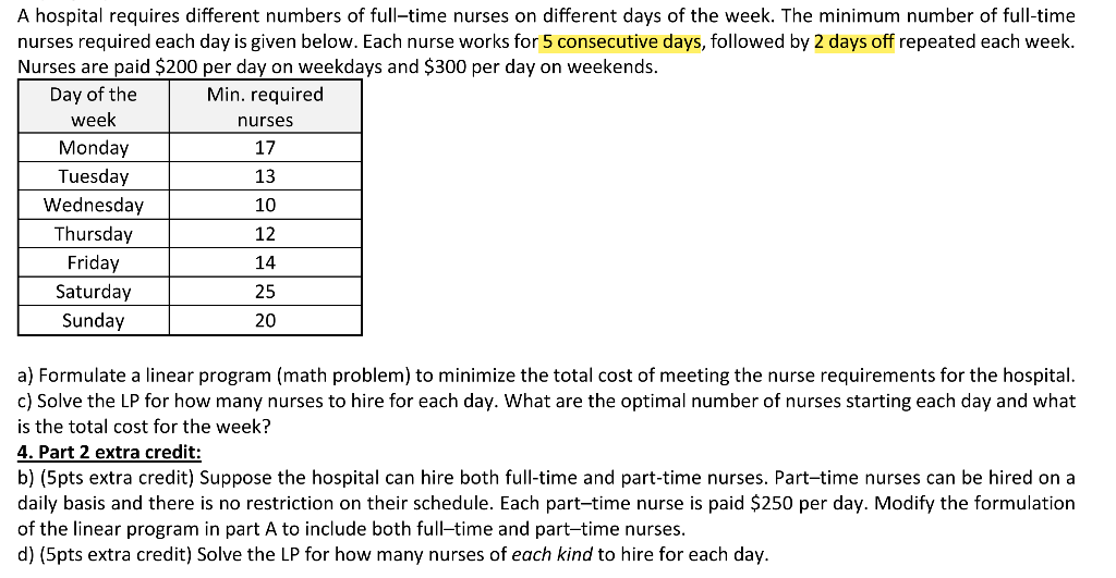 nurses A hospital requires different numbers of