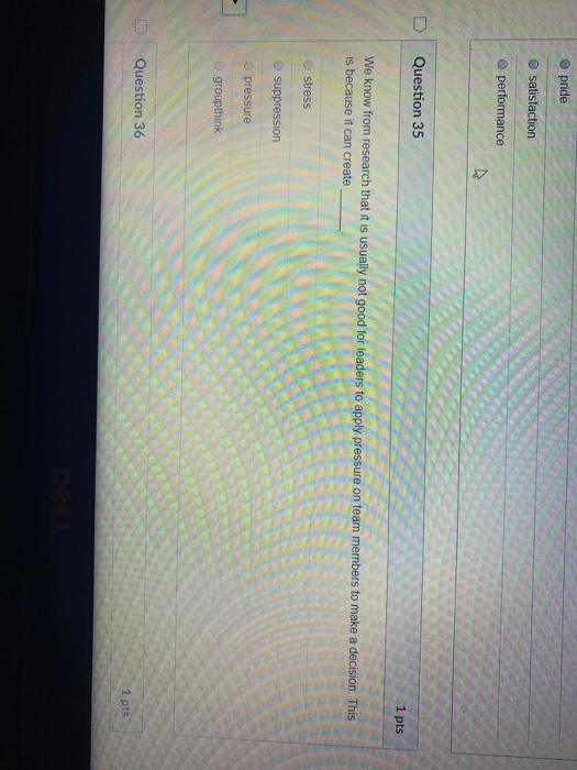 pride satisfaction performance Question 35 1 pts