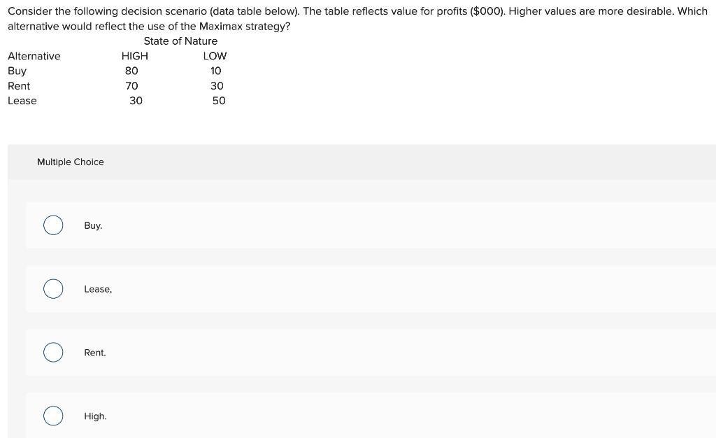 Consider the following decision scenario (data