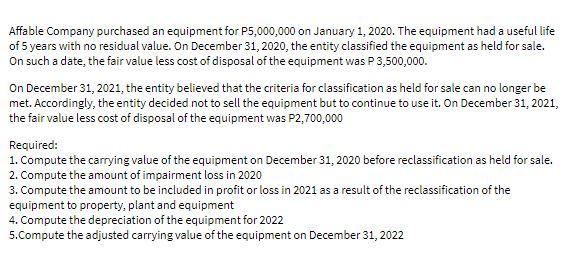 Affable Company purchased an equipment for