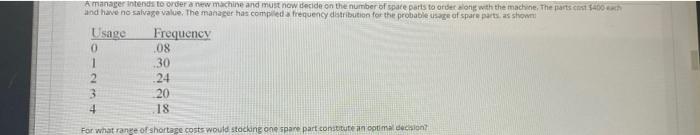 manager intends to order a new machine and must