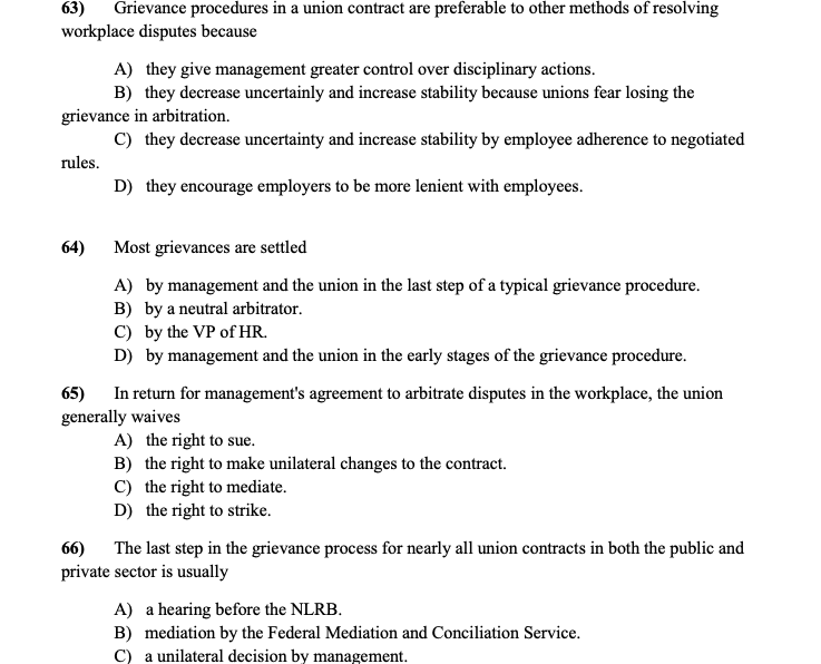 63) Grievance procedures in a union contract are