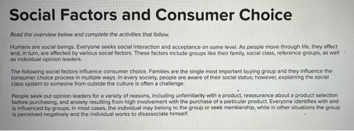 Social Factors and Consumer Choice Read the