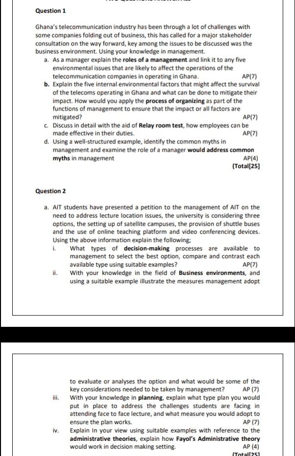 Question 1 Ghana's telecommunication industry has