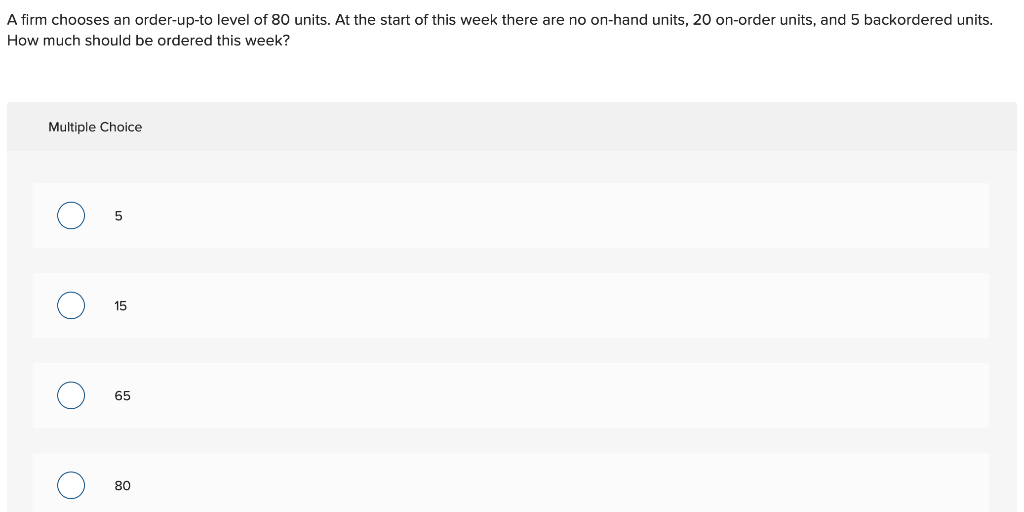 A firm chooses an order-up-to level of 80 units.