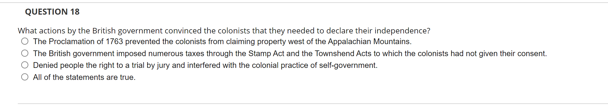 QUESTION 18 What actions by the British