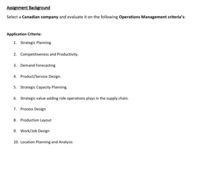 Assignment Background Select a Canadian company