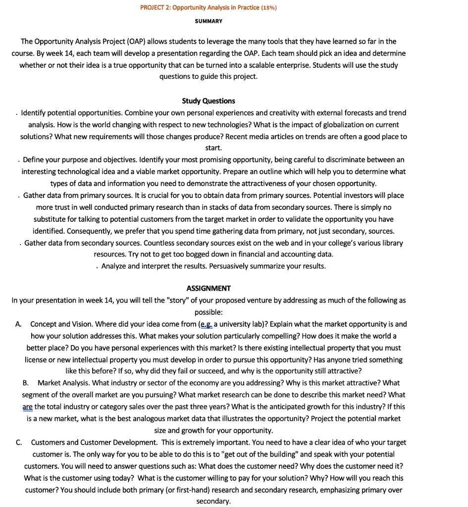 PROJECT 2: Opportunity Analysis in Practice (15%)