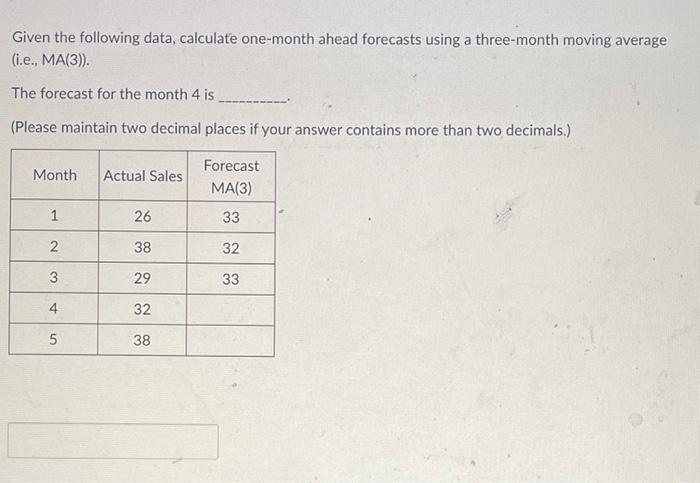 Given the following data, calculate one-month