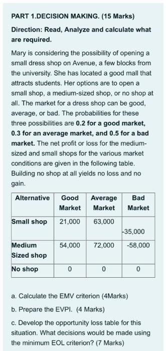 PART 1.DECISION MAKING. (15 Marks) Direction: