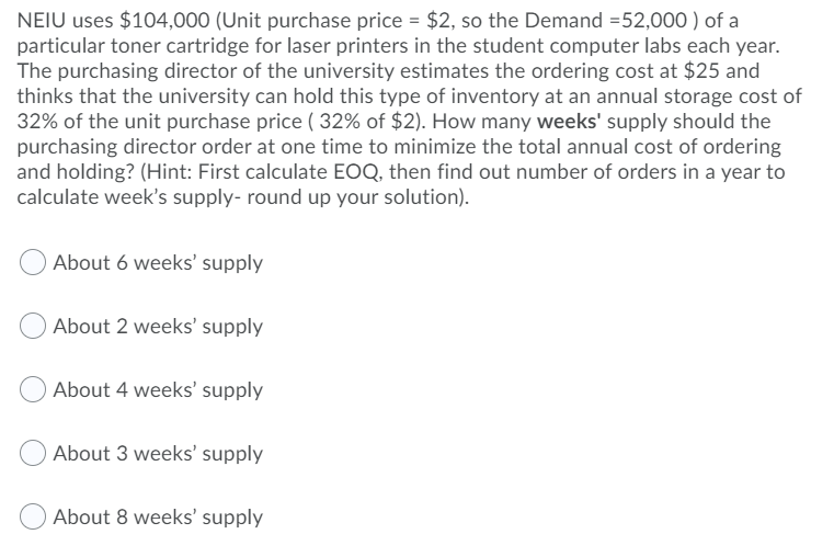 NEIU uses $104,000 (Unit purchase price = $2, so