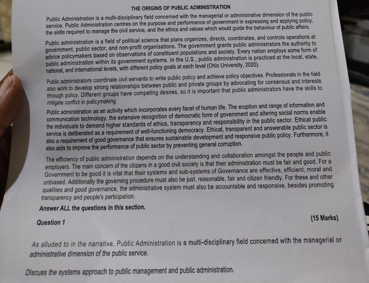 THE ORIGINS OF PUBLIC ADMINISTRATION Public