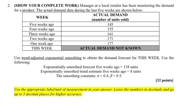 (SHOW YOUR COMPLETE WORK) Manager at a local