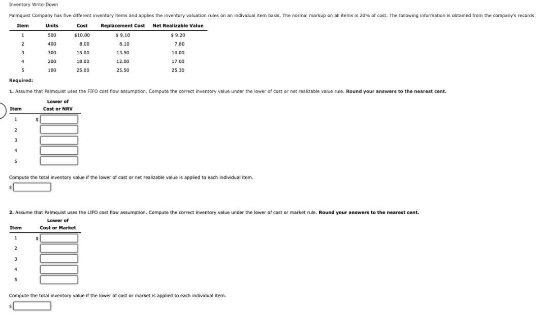 Inventory Write-Down Palmquist Company has five