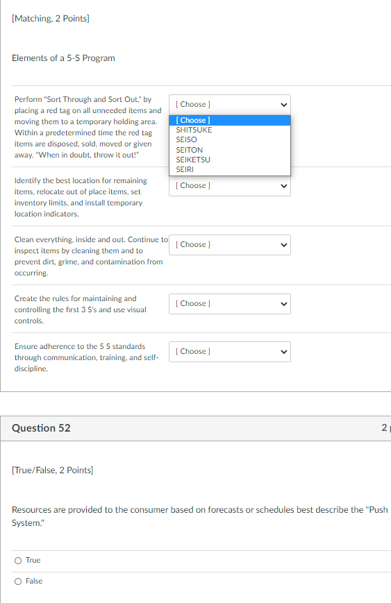 [Matching, 2 points) Elements of a 5-5 Program