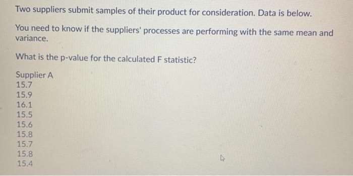 Two suppliers submit samples of their product for