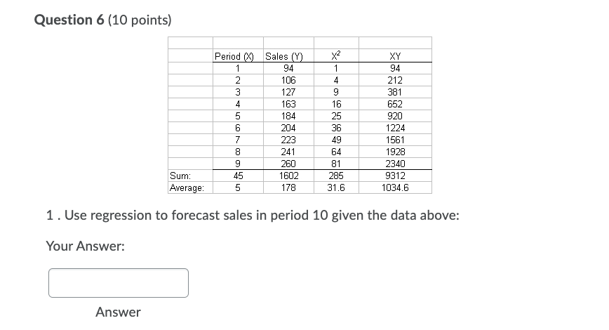 Question 6 (10 points) 2 Period (3) Sales (V) 94