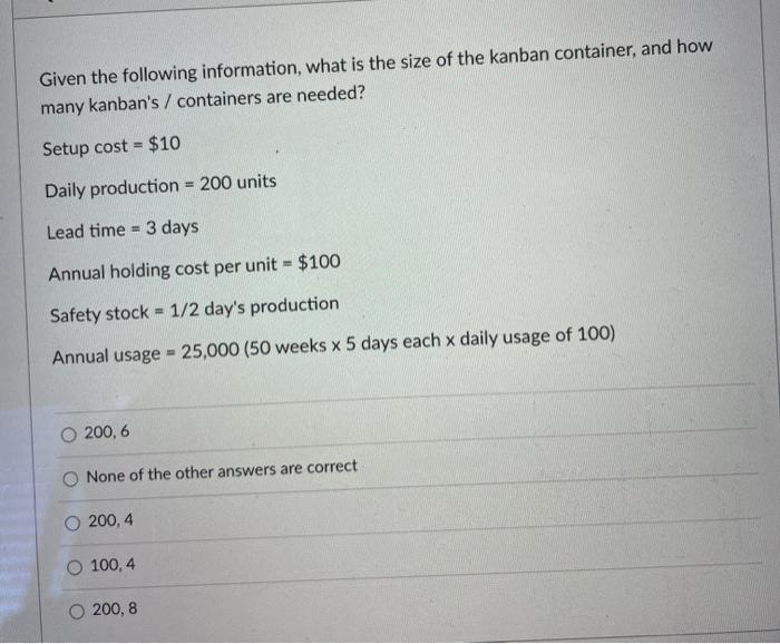 Given the following information, what is the size