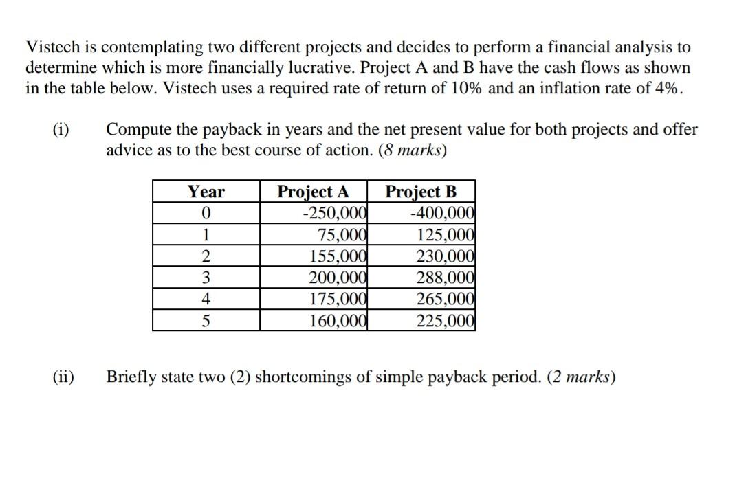Vistech is contemplating two different projects