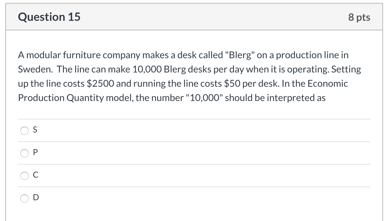 Question 15 8 pts A modular furniture company