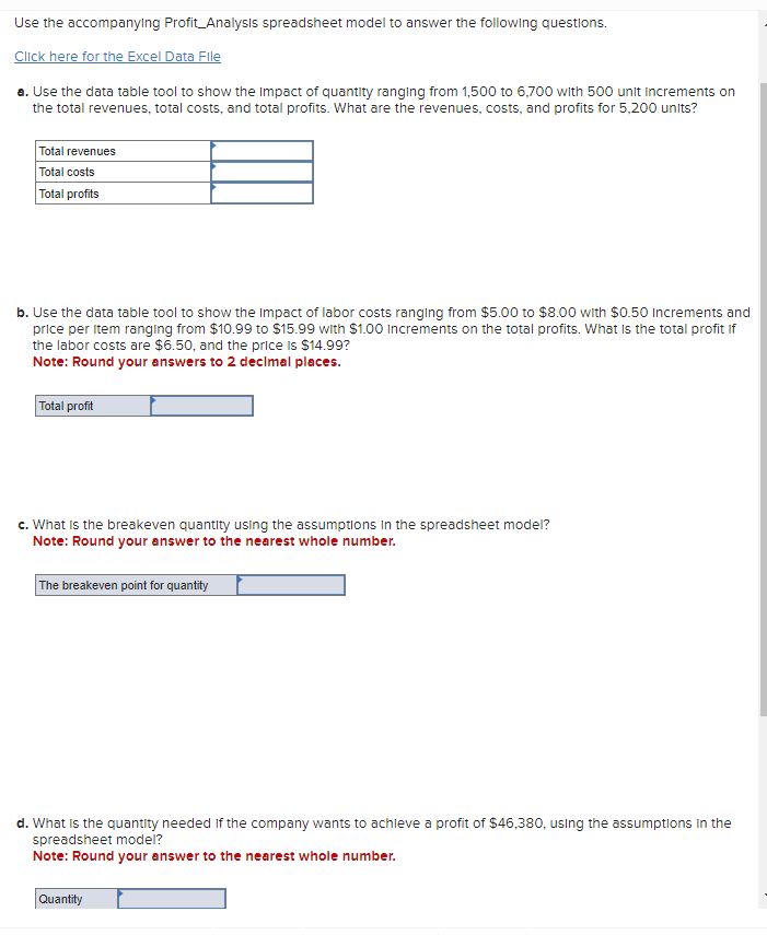 Use the accompanylng Profit_Analysis spreadsheet