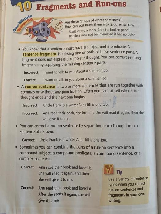 10 Fragments and Run-ons (p. 62) Label each group