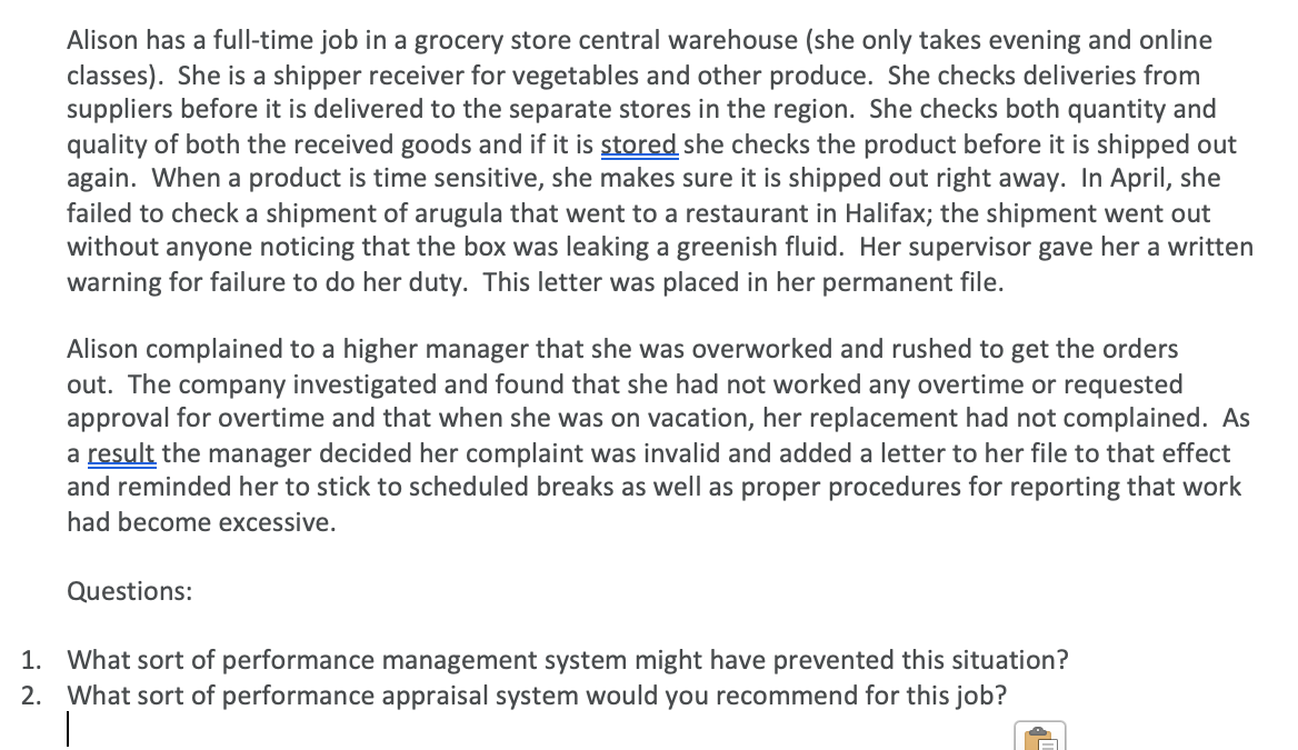 Alison has a full-time job in a grocery store