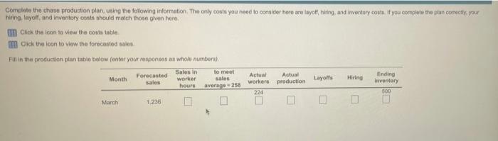 Complete the chose production plan, using the