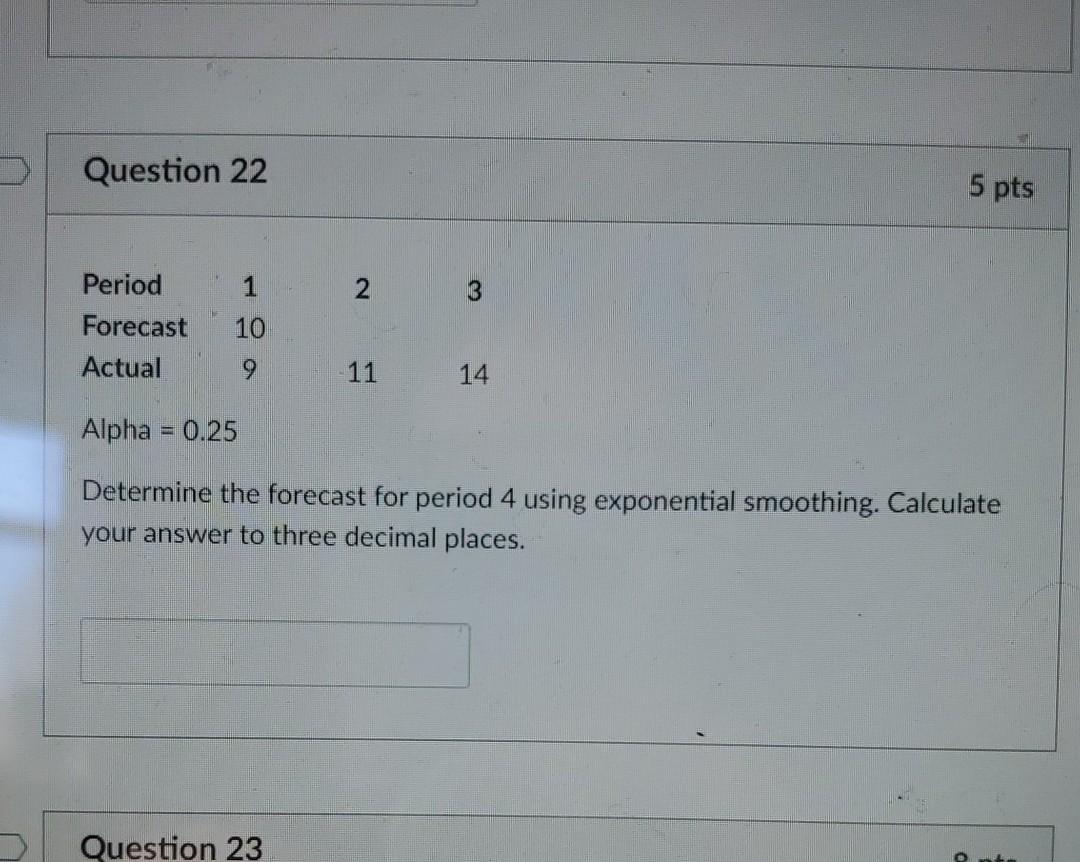 Question 22 5 pts 2 Period Forecast Actual 1 10