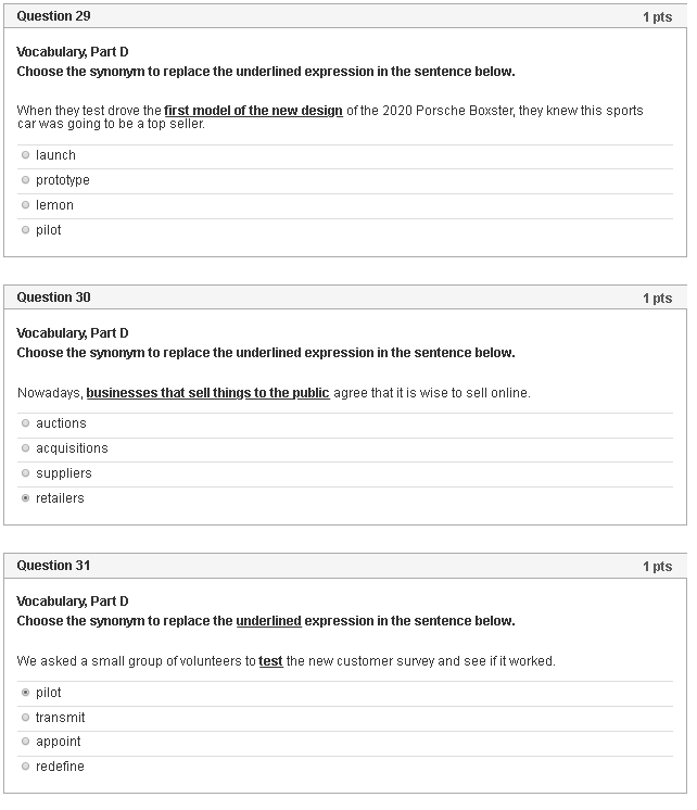 Question 29 1 pts Vocabulary, Part D Choose the
