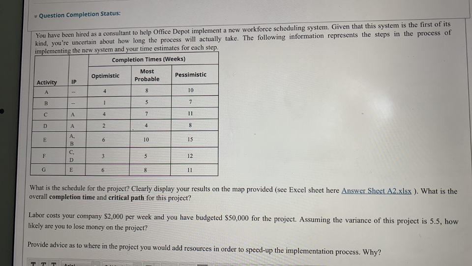 need it on excel Question Completion Status: You