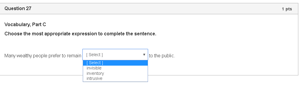 Question 27 1 pts Vocabulary, Part C Choose the