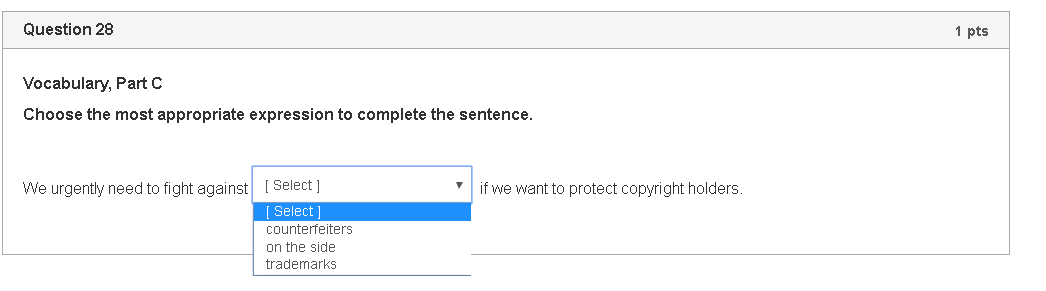 Question 27 1 pts Vocabulary, Part C Choose the
