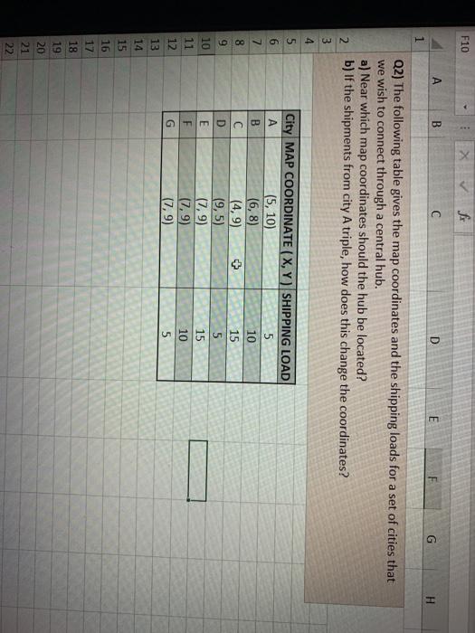 answer with excelsheet F10 A B C D E F G 1 Q2)