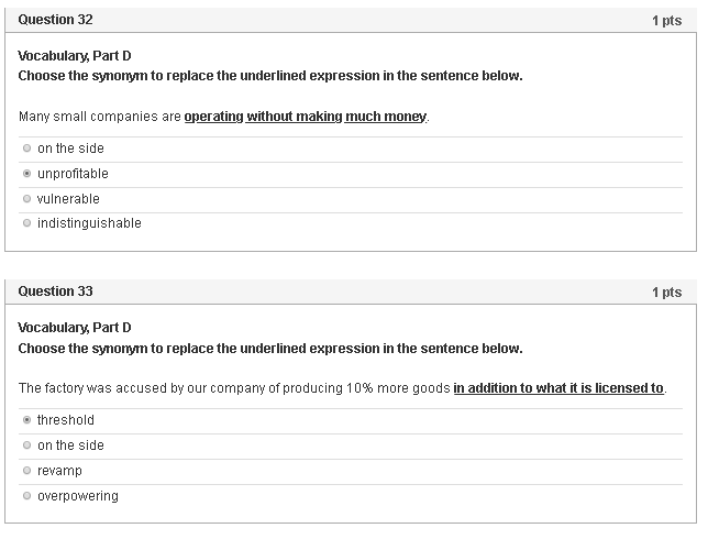 Question 27 1 pts Vocabulary, Part C Choose the