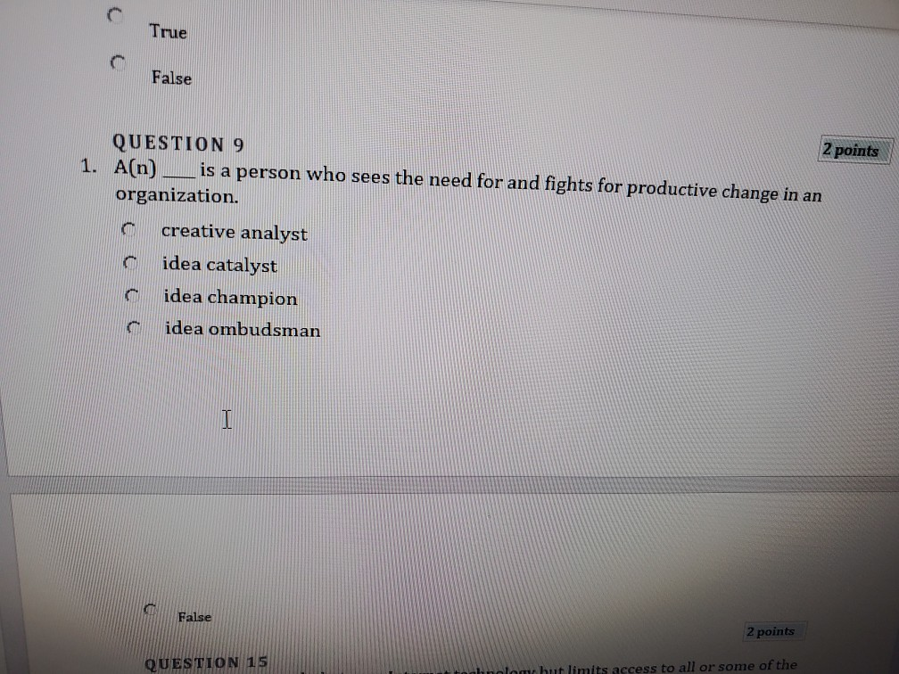 CC True False 2 points QUESTION 9 A(n) is a