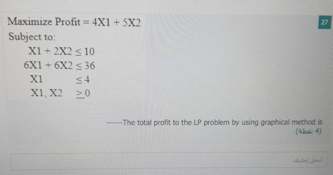 27 Maximize Profit = 4X1 + 5X2 Subject to: X1 2X2