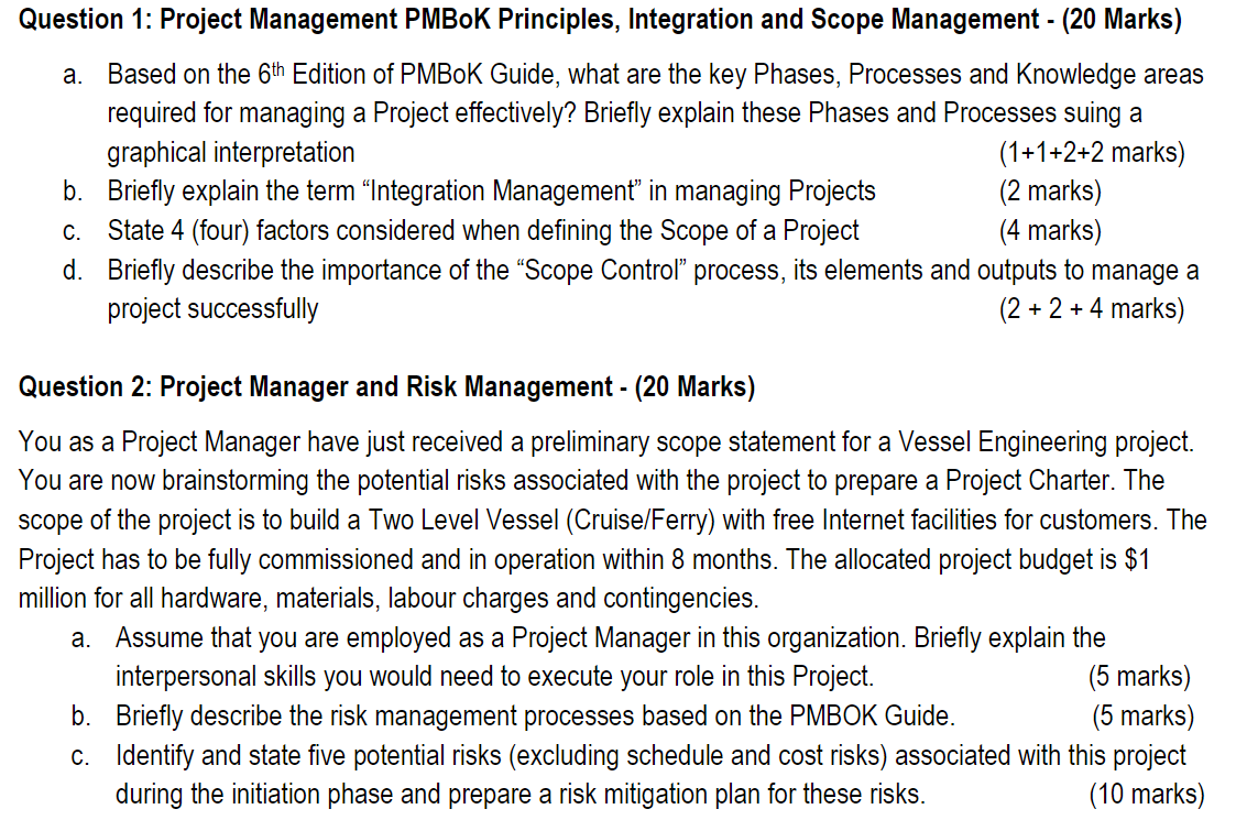 Question 1: Project Management PMBOK Principles,