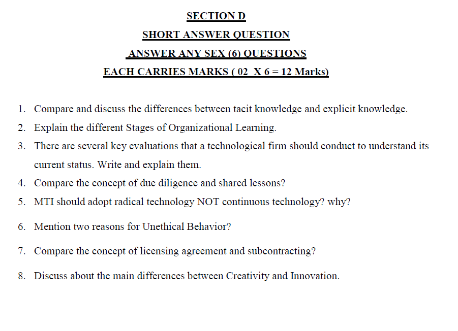 SECTION D SHORT ANSWER QUESTION ANSWER ANY SEX O